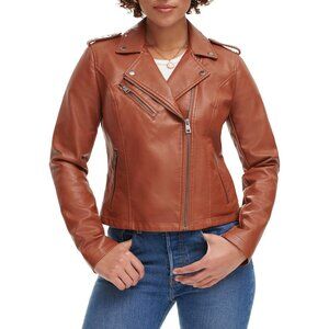 Women's The Classic Faux Leather Moto Jacket Font Full Zipper Camel Brown